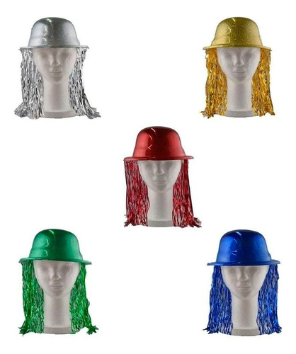 Sombrero Bombín Plástico C/ Flecos Metalizados X 12 Unidades
