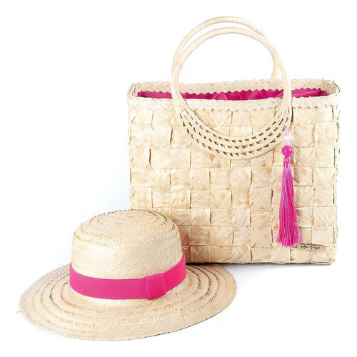 Kit Bolsa Feminina Miami Palha + Chapéu Feminino Casual Cor Pink