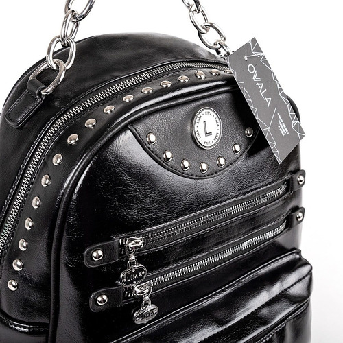 Imagen 4 de 6 de Mochila Cuero Sintetico Mujer Tachas Negra Urbana Lima