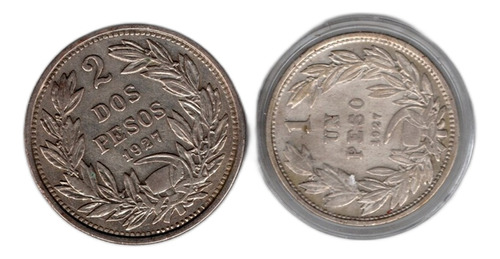 Moneds Histórica Chilena Año 1927   Dos  Y Un Peso De Plata