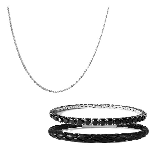 Kit Corrente De Aço E Pulseiras Masculinas Couro E Riviera