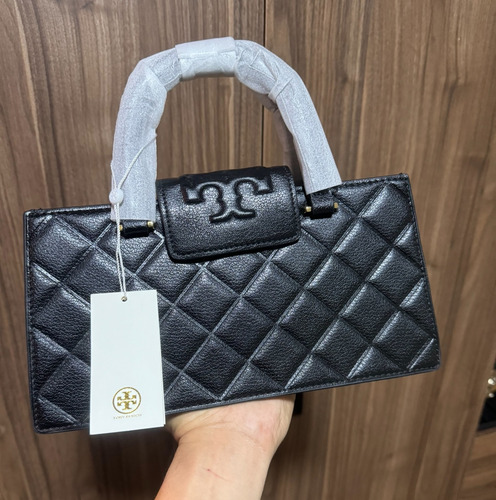 Bolsa Tory Burch 100% Original Tote Fleming East West 164763 Negro Rayas Oro Negro (Usado)