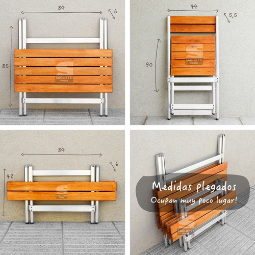 Imagen 6 de 9 de Mesa Plegable Aluminio Madera 84x75 + 2 Bancos + 2 Sillas