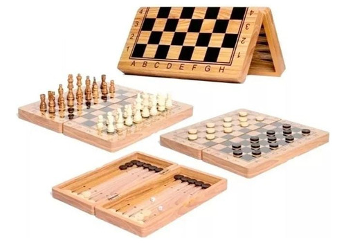 Tablero De Ajedrez Dama Backgamon 3en 1 Juego De Madera 40cm