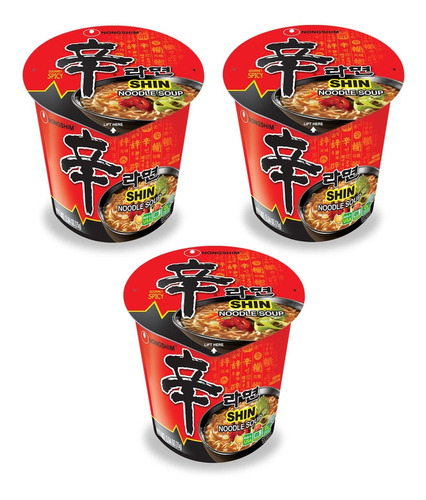 3 Lamen Coreano Shin Ramyun Picante Carne E Legumes Copo 68g