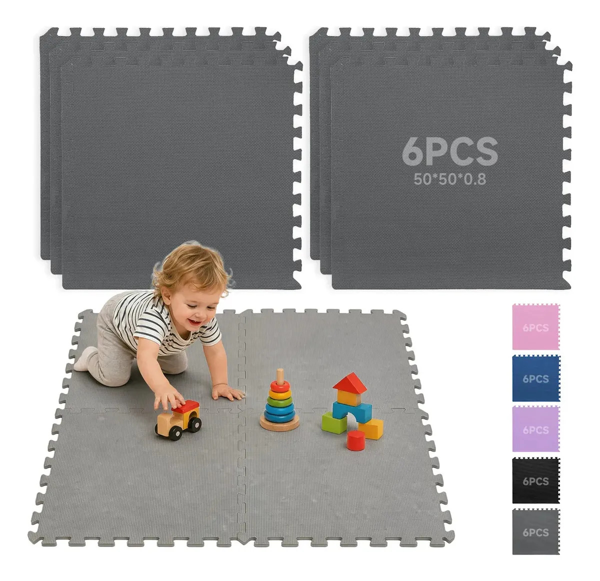 FOOFOO 6pcs Tapete Para Bebe Goma Eva Tapete Foamy Fomi Piso Seguridad Niños Bebés 50*50*0.8cm Color Gris