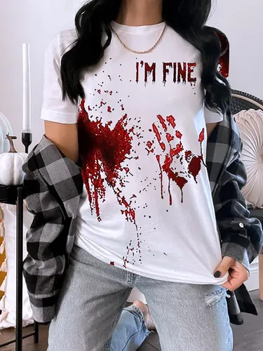 I'm Fine Bloody Shirt Blood Bloodstained Splatter Halloween Tshirt Blood Stain Hand Shirt Sarcastic Humor Saying Tee Shirts A-white Xl