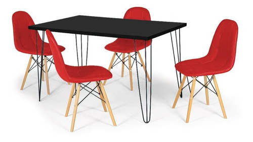 Mesa De Jantar Hairpin 130x80 Preta + 4 Cadeiras Botonê Cor Vermelho