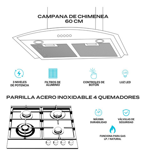 Combo Parrilla De Gas Y Campana Extractora 60 Cm | Lu4be60 Color Gris
