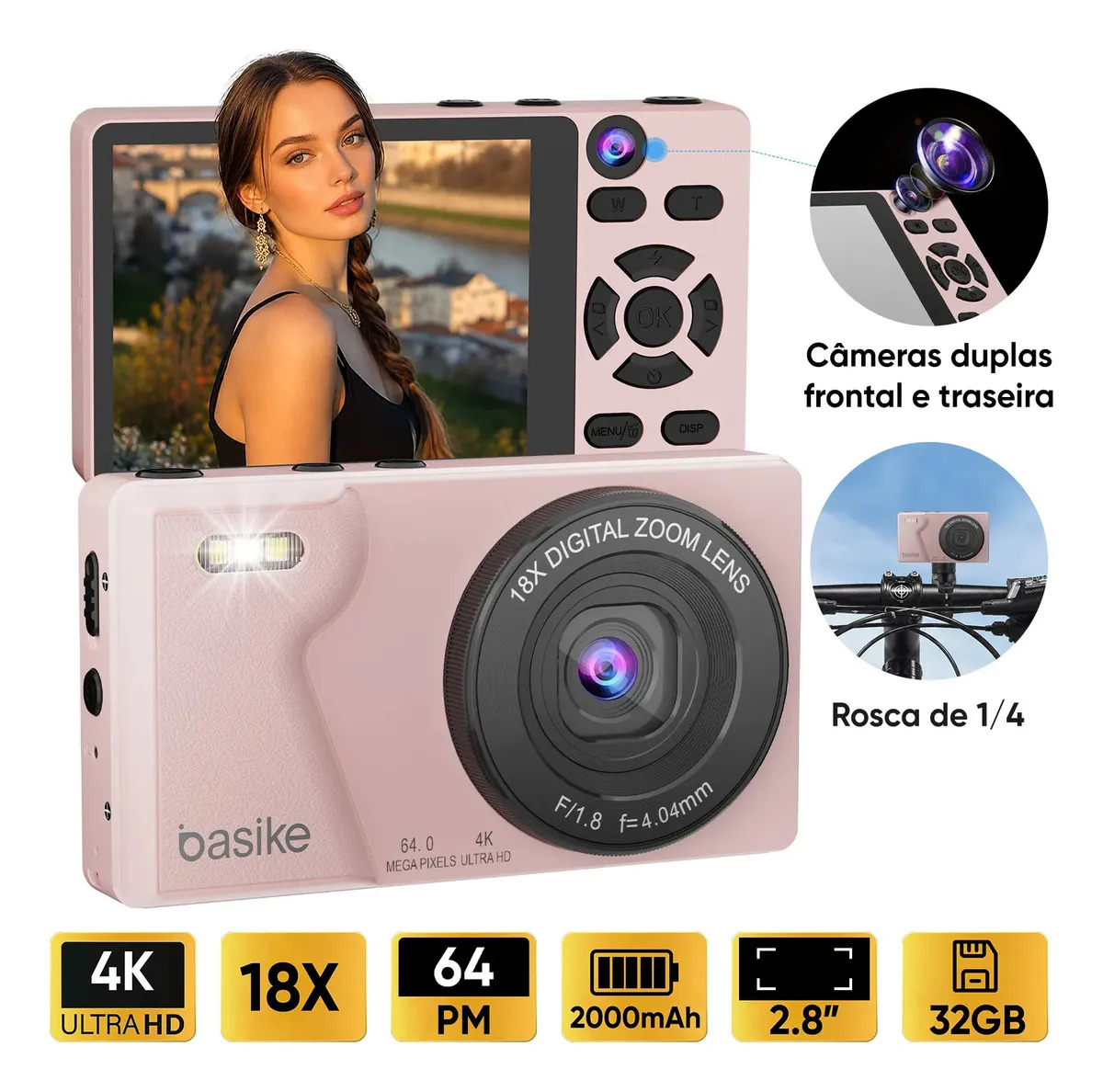 Basike Câmera Fotográfica Digital Portátil 4k Uhd 64mp, Zoom 18x