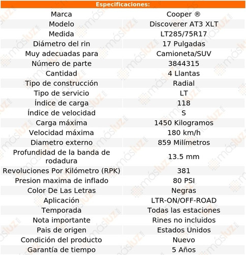 4 Llantas Discoverer At3 Xlt Cooper Medida Lt285/75r17 118s
