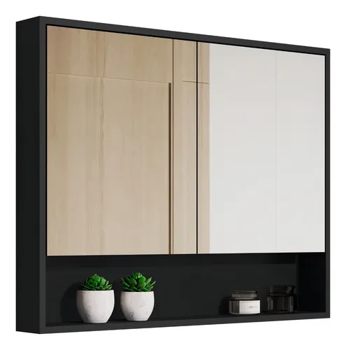 comprar Emes Moveis armário banheiro superior aéreo espelheira 2 portas eros cor preto Gaia