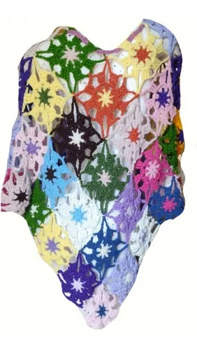 Colorido Poncho Calado Tejido Mano Crochet Talle Xxxl Mujer