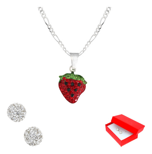 Dije De Fresa Y Cadena Juego De Plata + Aretes De Regalo