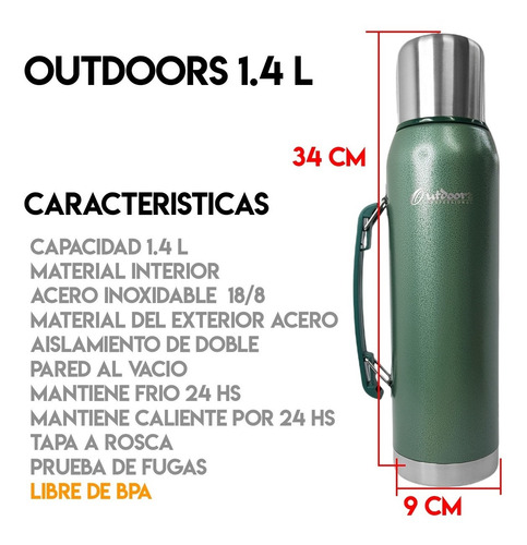 Imagen 4 de 10 de Termo Acero Inoxidable Outdoors 1.4 L Manija 24hs Garantia