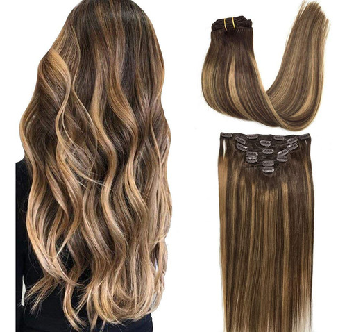 Extensiones De Cabello Natural Castao Balayage Con Clip