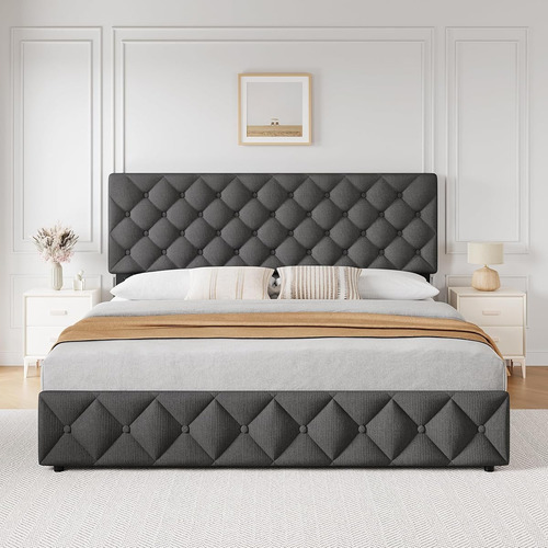 Base De Cama Idealhouse King Size Tapizada En Lino Grey