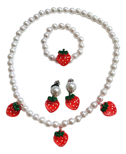 Conjunto De Collar, Pulsera Y Pendientes Con Perlas De Fresa