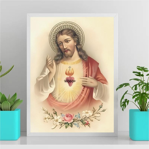 Quadro Arte Sacra Sagrado Coração De Jesus 33x24cm Branca