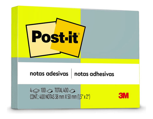 Notas Adesivas Post-it Neon 4 Blocos 38x50mm 400 Folhas 3m