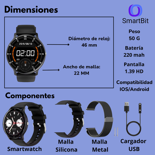 Reloj Smartwatch Hombre Smartbit S1 Pro Negro 1.39 Deportivo Redondo Compatible Con Android E Ios Llamadas Mensajes Elegante