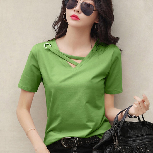 Camiseta De Manga Corta Con Cuello En V Para Mujer