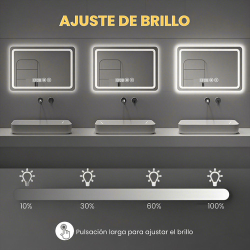 Espejo Con Luz Led Para Baños Touch 3 Modo Antivaho 70x50cm Con Función Antiniebla