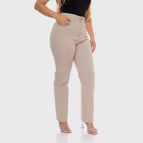 Calça Feminina Sarja Slouchy Caqui Verão Disfarça Barriga