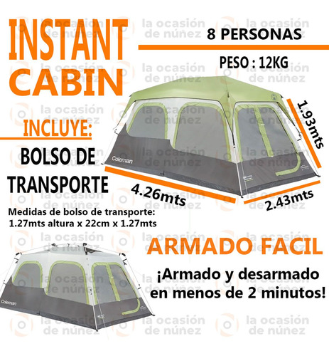 Imagen 3 de 9 de Carpa 8 Personas Instant Cabin Coleman Camping Autoarmable