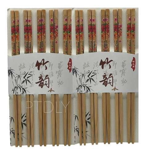 Imagen 1 de 6 de Palillos Chinos Reutilizables Bambú 10 Pares 20 Palos Diseño
