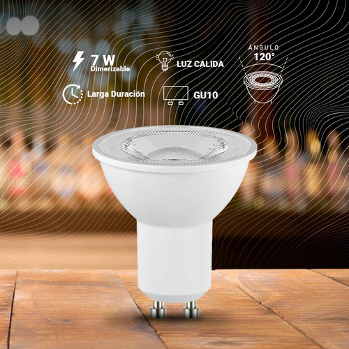 Lampara 7w Dimerizable Luz Led Dicroica Apto Gu10 120° 220v Luz Blanca cálida