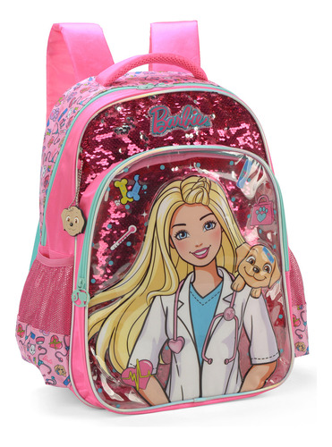 Mochila Escolar Rosa Barbie Veterinária Maxlog Acompanha Pet