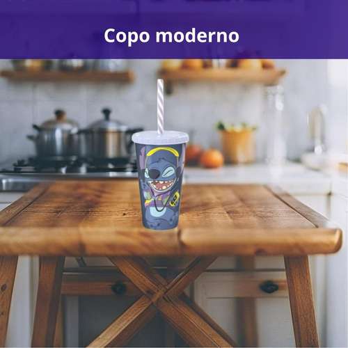 Kit Balde Grande Pipoca 2,1l Copo Canudo 500ml Stitch Azul