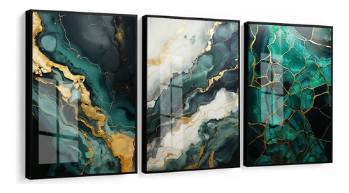 Quadro Decorativo Abstrato Verde Dourado Luxo Moldura Vidro