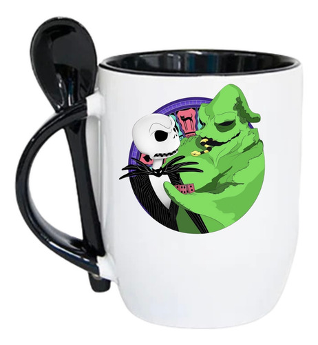 Taza Con Cuchara Jack Skellington Oogie+llavero De Regalo Negro Jack Skellington Y Oogie Boogie