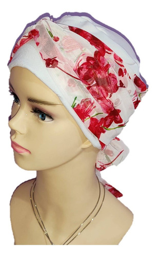 Turbante Para Mujer Gorro Oncológico Quimio, Mascada/ Tyamia Color Blanco Con Rojo
