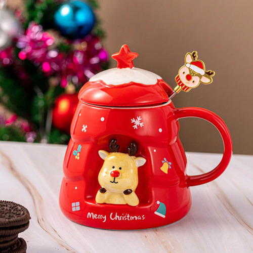 Caneca De Cerâmica De Natal Fofa Com Tampa De Colher Hou De