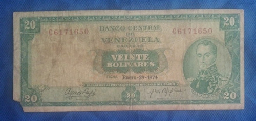 Billete De 20 Bolívares Año 1974 Estado 5