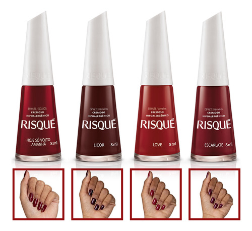 Kit Esmalte Risque 4 Tons Vermelhos Cremoso Hipoalergenicos