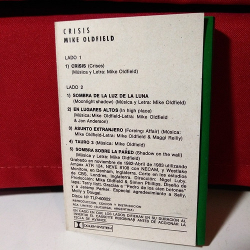 Imagen 2 de 4 de Crisis Mike Oldfield Casete Virgin 1984, Muy Buen Estado