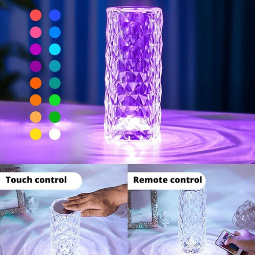 Lámpara De Mesa Cristal Diamante 16 Colore Táctil Recargable