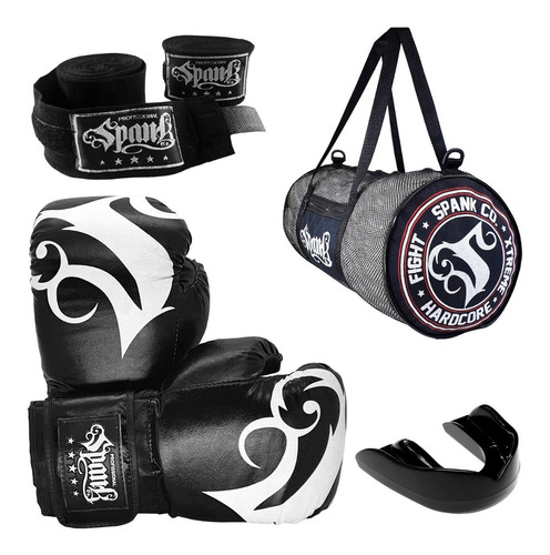 Kit Boxe Kickboxing Luva Bandagem Bucal Bolsa Spank Preto