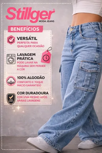 Calça Cargo Feminina Wide Leg Cintura Alta Jeans  Stillger — foto 8