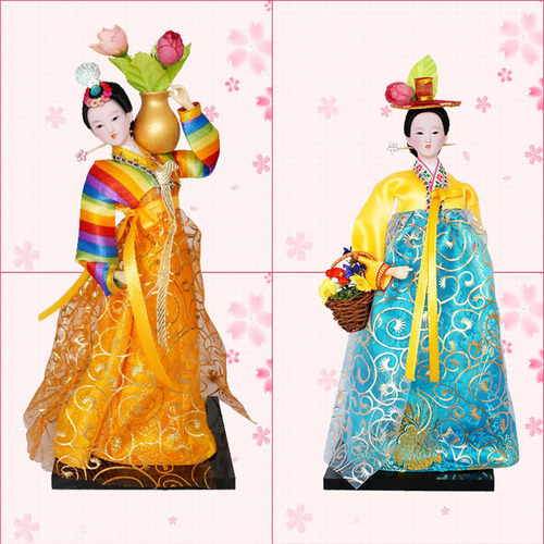 Figura De Geisha Coreana, Artesanía En Amarillo Y Verde