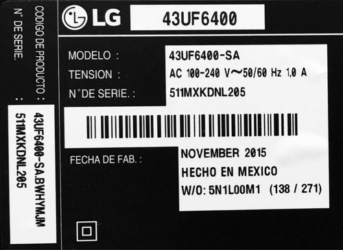 Imagen 1 de 8 de Smart Tv 4k LG 43uf6400 En Desarme