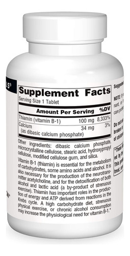 Source Naturals Vitamina B1 Tiamina 100 Mg 250 Tabletas