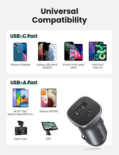 Cargador De Auto Ugreen Usb C Pd Y Qc 3.0 20w Carga Rápida