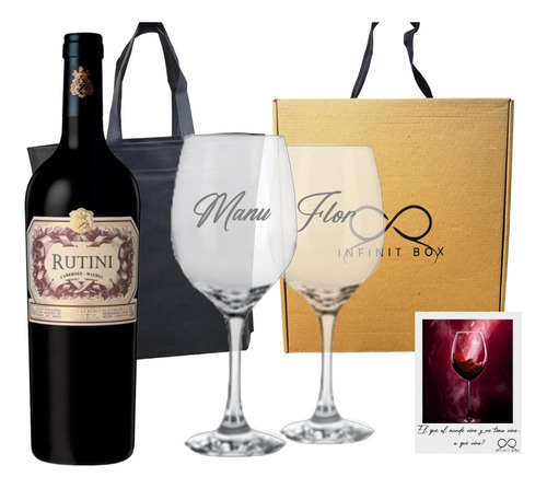 Box Regalo Vino Rutini Cab Mal + 2 Copas Vidrio Grabadas 