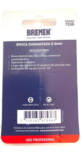 Imagen 3 de 4 de Broca Diamantada Porcelanato Bremen 6 Mm 7536 X 2 Unidad Dgm