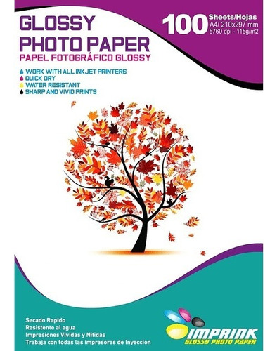 Papel Fotografico Glossy Brillante 115 Grs A4 100 Hojas 